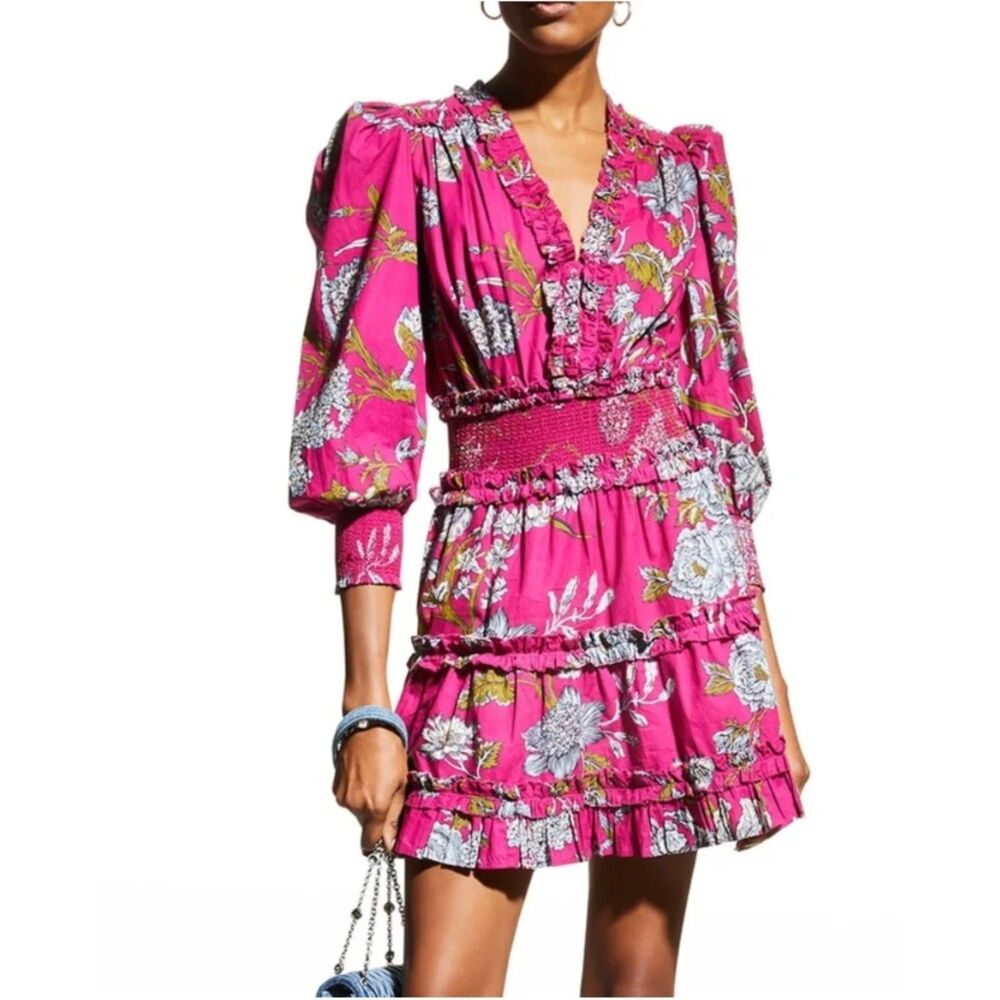 Love The Label Smocked Floral Mini Dress Small Pink Ruffle Tiered Anthropologie
